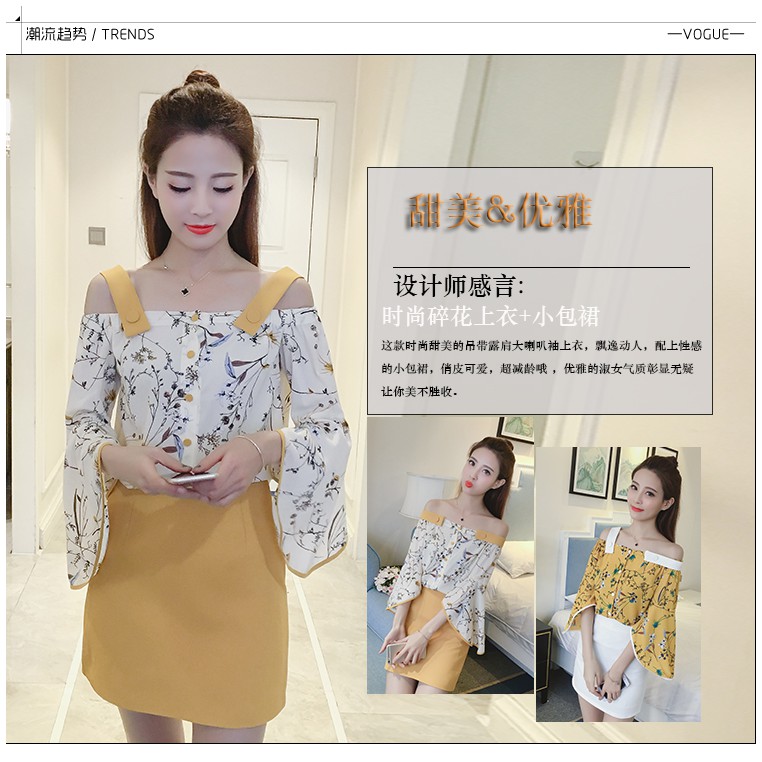 Dress Sifon Cold Shoulder Model 2Pcs Imitasi Gaya Korea Selatan Motif Bunga untuk Wanita