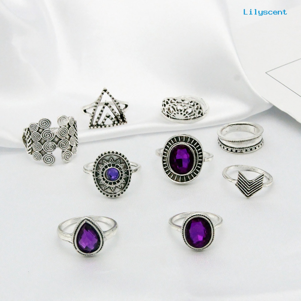 9 Pcs / set Cincin Buku Jari Aneka Bentuk Warna Ungu Bahan Alloy Gaya Bohemia