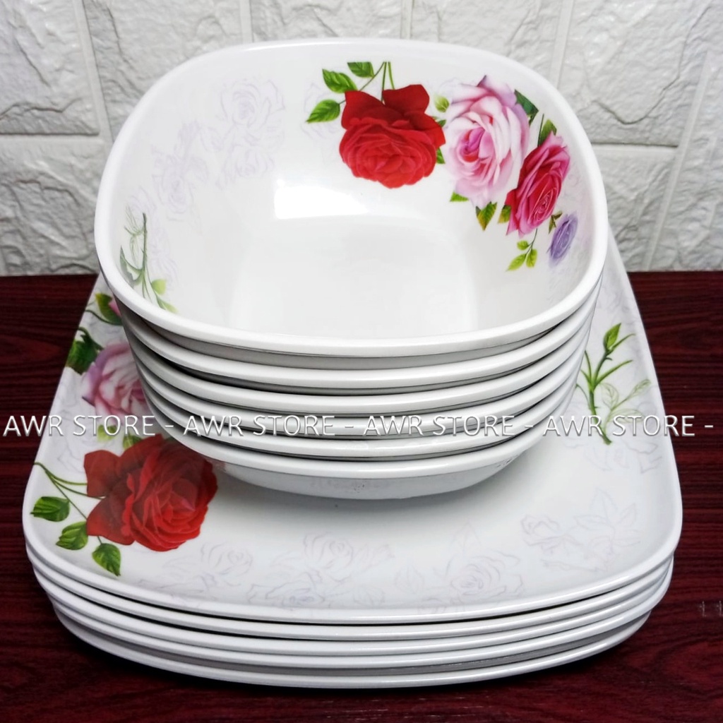 1 SET ISI (6PCS) PERALATAN MAKAN ISI 3PIRING PERSEGI 3MANGKUK MELAMIN ASLI SINGA SINGI TEBAL TAHAN LAMA DIAMETER PIRING 23CM UKURAN MANGKUK M - PIRING SAJI SEBAGUNA - PIRING HIAS-KEMBANG UNGU