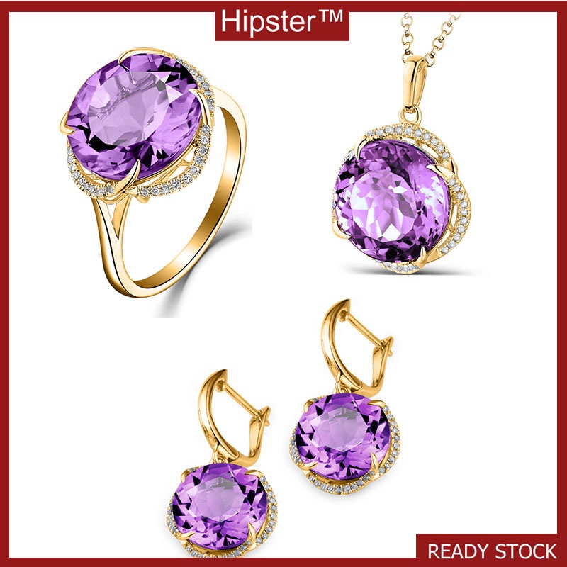 Fashion Elegant Colored Gems Amethyst Pendant Diamond Purple Gemstone Necklace Silver Set