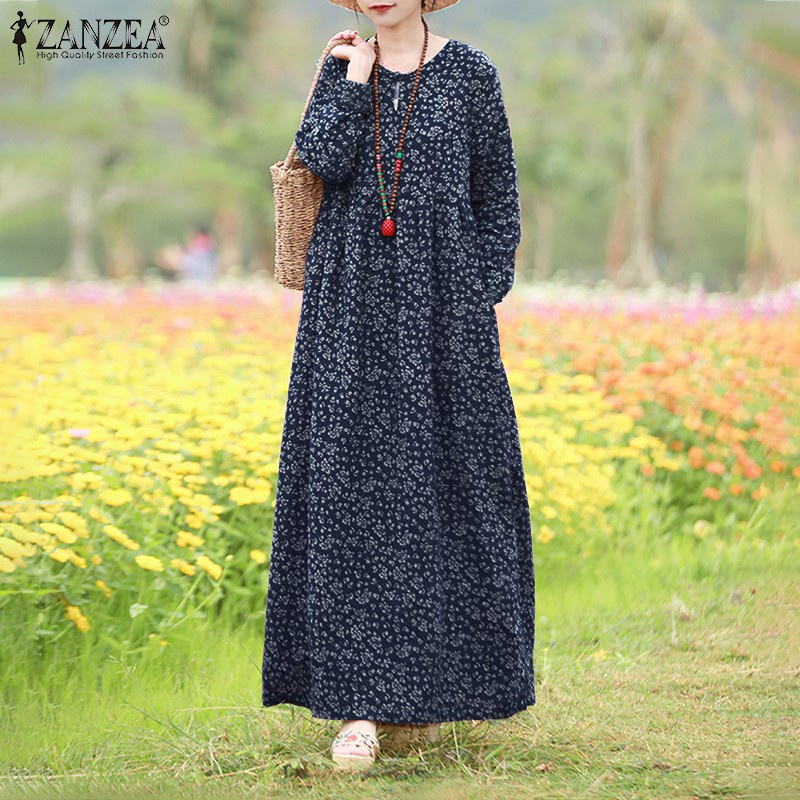 ZANZEA Women Long Sleeve Floral Printed Vintage Crew Neck Maxi Dress