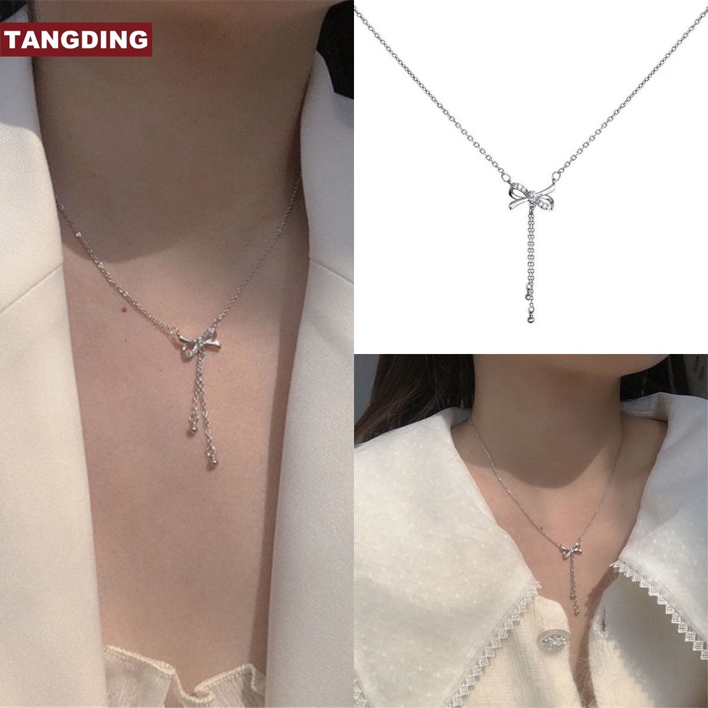 Kalung Rantai Klavikula Model Pita Rumbai Panjang Gaya Korea Untuk Wanita