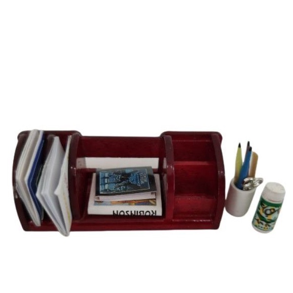 miniatur set rak buku+5buku+1 set box pensil+gunting+lem skala 1:12