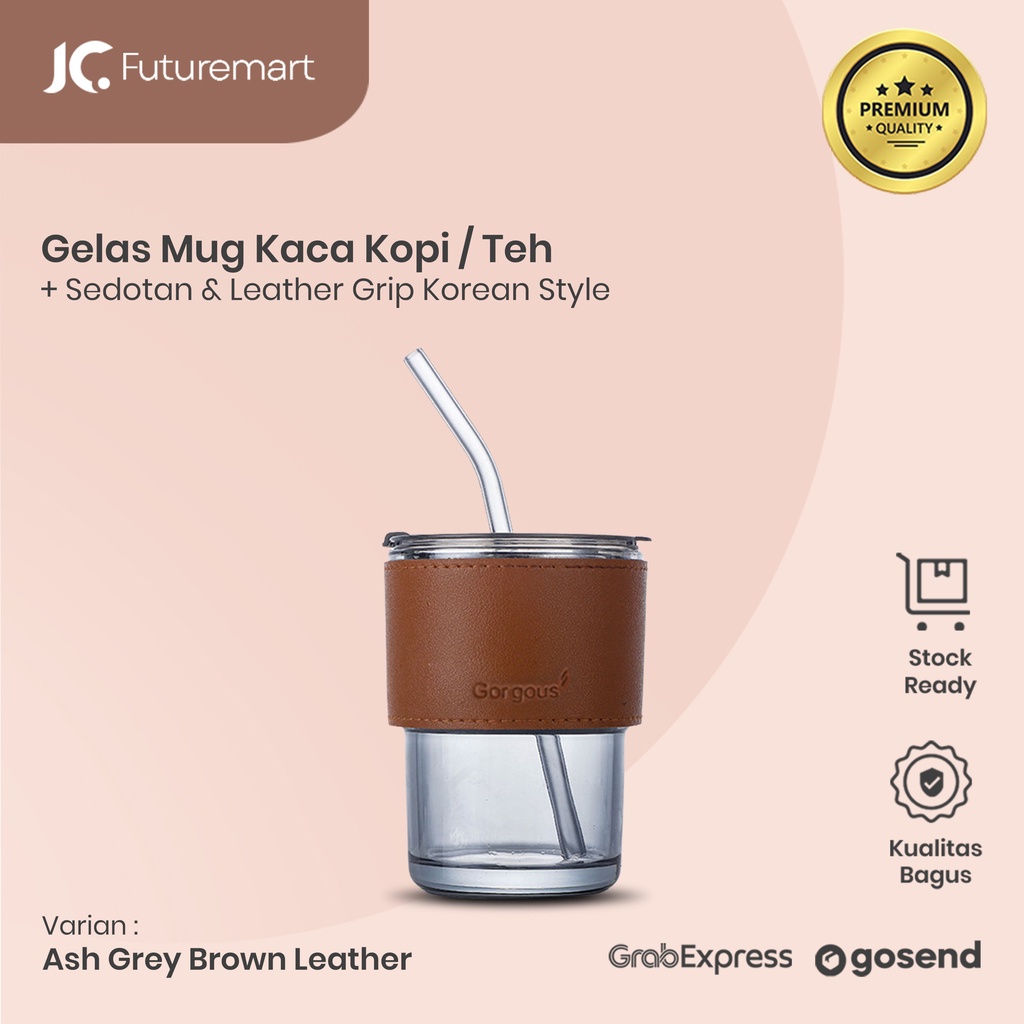 GELAS MUG KACA KOPI TEH SEDOTAN 320ML TUMBLER LEATHER KOREAN STYLE