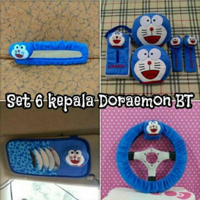 Set Bantal Mobil 6 in 1 Headrest Besar Kepala DORAEMON Biru Tua