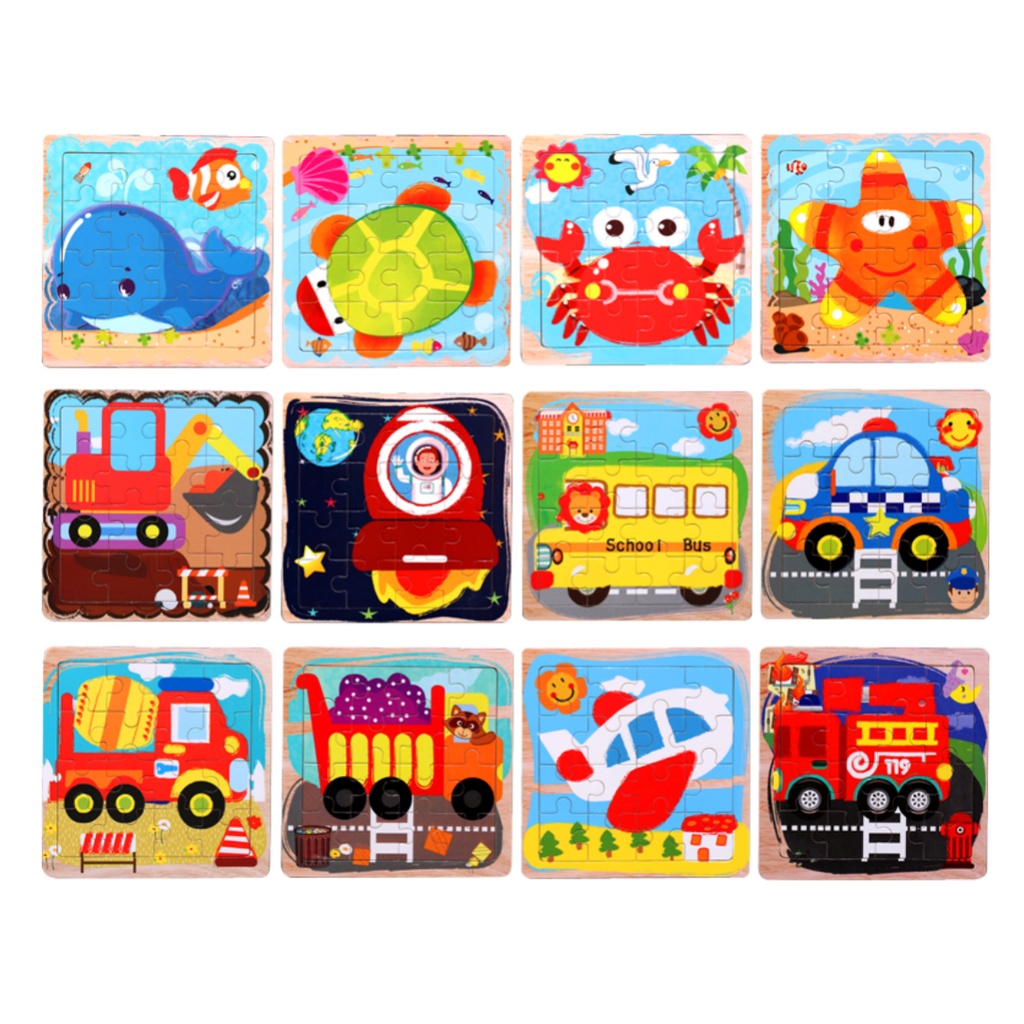 16 Pcs Wooden Jigsaw Puzzle | Puzzle Kayu Background 16 Keping | Puzzel 16pcs Hewan Binatang Kendaraan Transportasi Kartun Lucu | Mainan Edukatif Edukasi Anak Balita