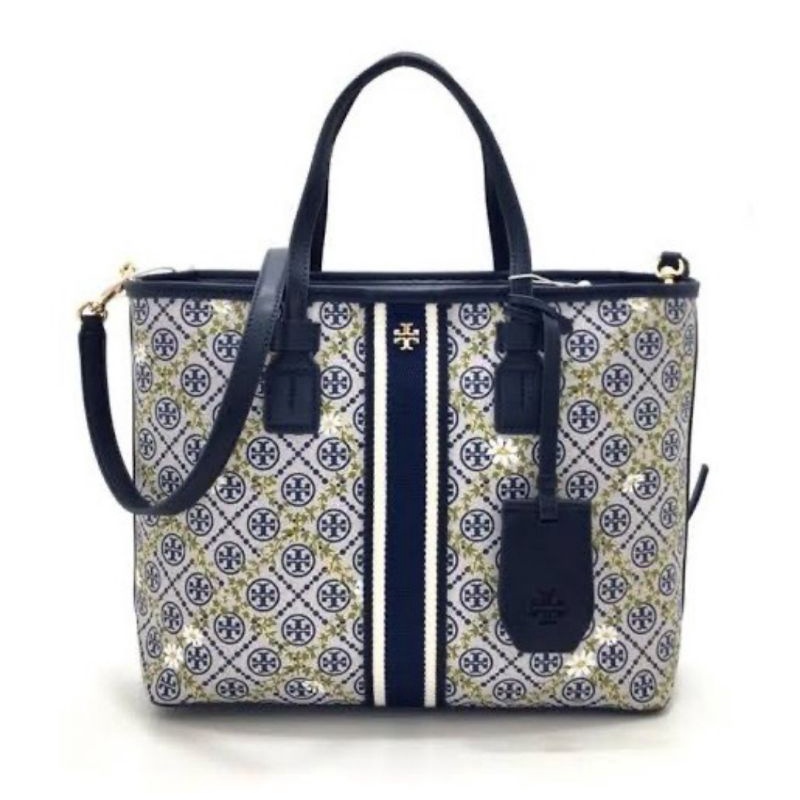 TORY BURCH T Monogram Floral Vine Small Top-Zip Tote Bag (Navy)