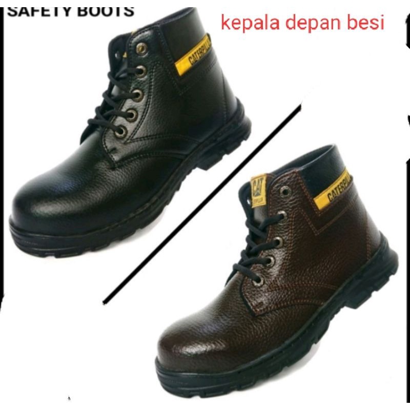 Sepatu Caterpillar pria Sepatu Safety Boots Ujung Besi Fashion Pria Bikers Turing tiga warna hitam coklat tua