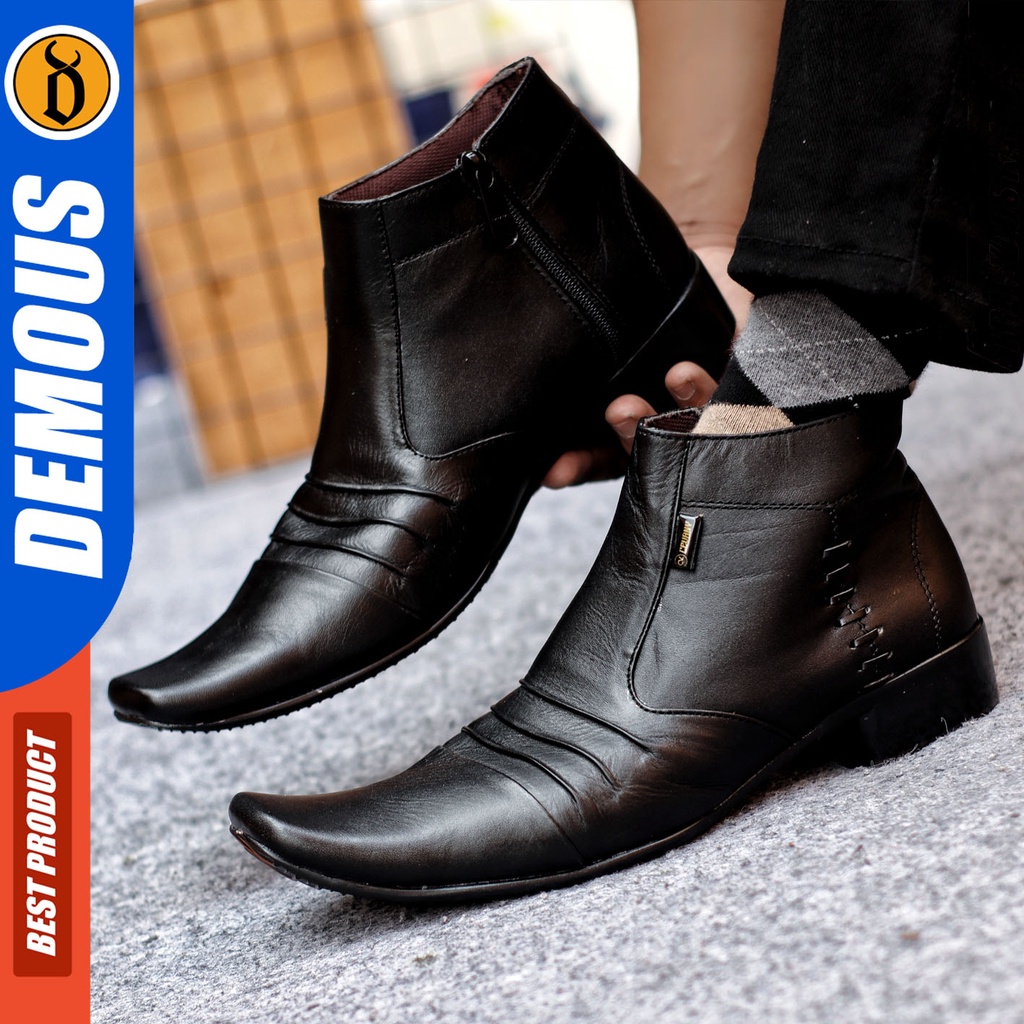 Sepatu Pantofel Pria Sepatu Formal Pria Kulit Asli Zipper Sepatu Pantopel Hitam Kerja Kantor DEMOUS BADAMI