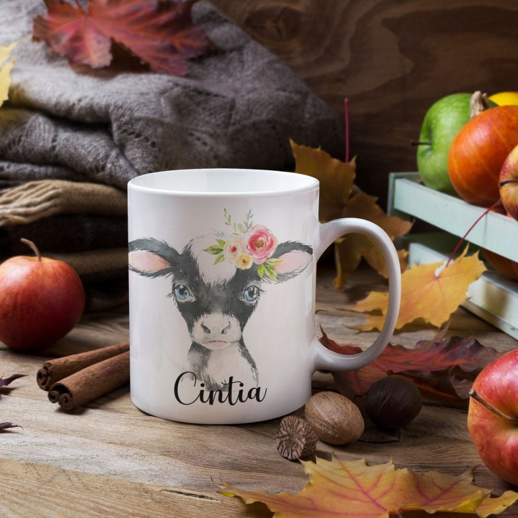 

Gelas Lucu Gambar Cow dan Bunga Watercolor art Custom Nama
