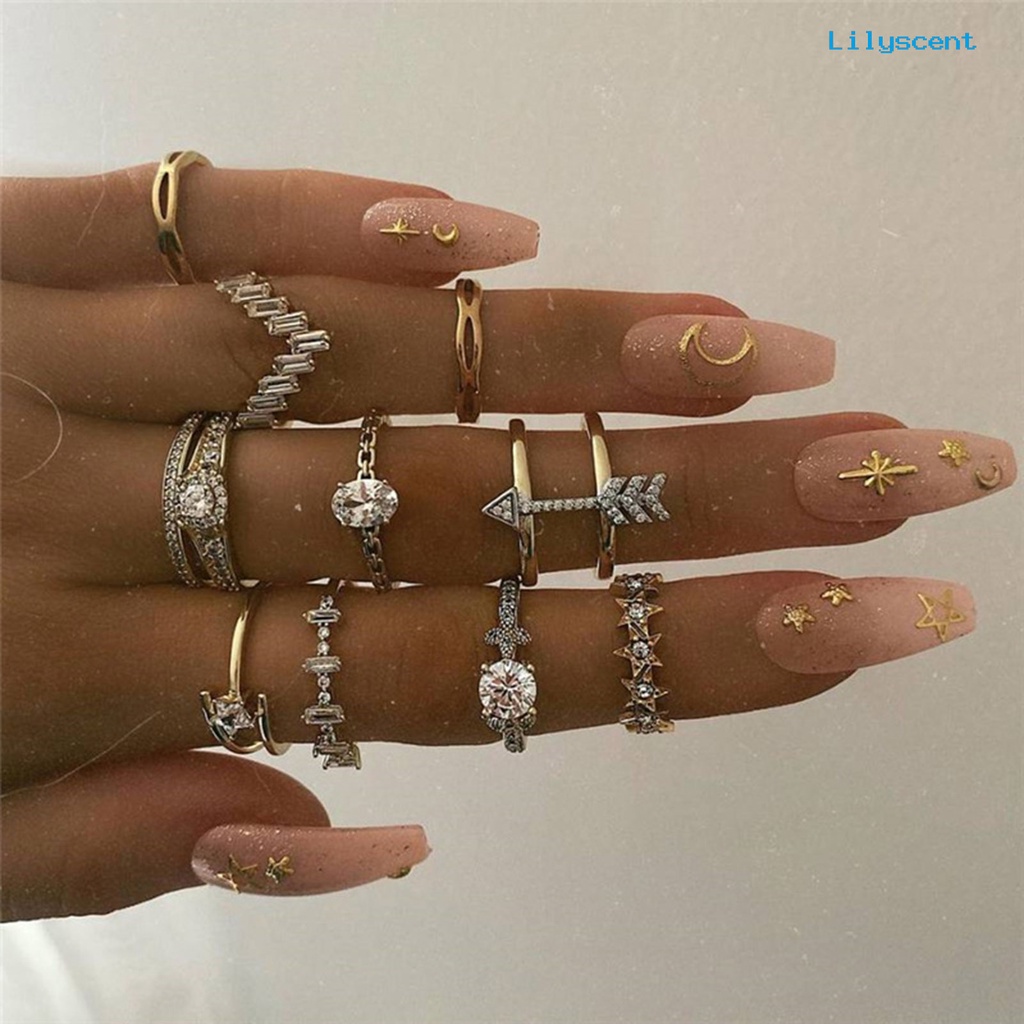 10 Pcs Cincin Berlian Imitasi Bentuk Bintang Bunga Geometris Gaya Bohemia