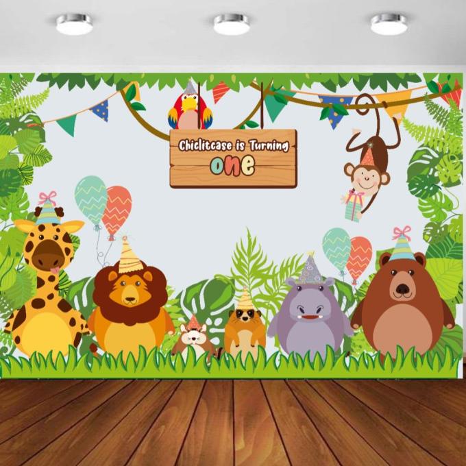 Helnan_Store | Custom Backdrop Birthday Banner Ultah Spanduk Zoo Safari Animal