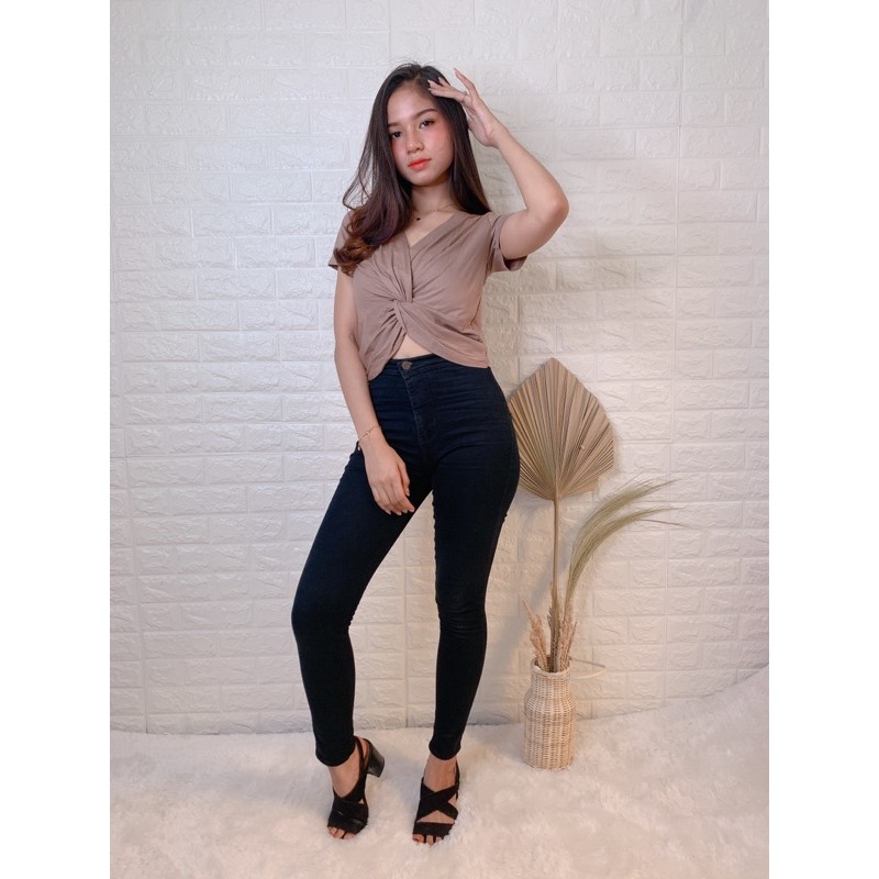 Lena Sexy Crop Top V Neck - Kaos Bahan Import