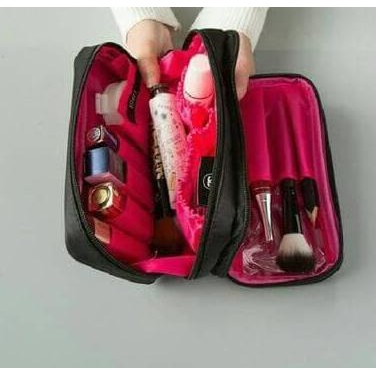 DOUBLE ZIP COSMETIC POUCH/ TAS KOSMETIK DUA DISI/ COSMETIC BAG - Black Pink |ORIGINAL KUALITAS