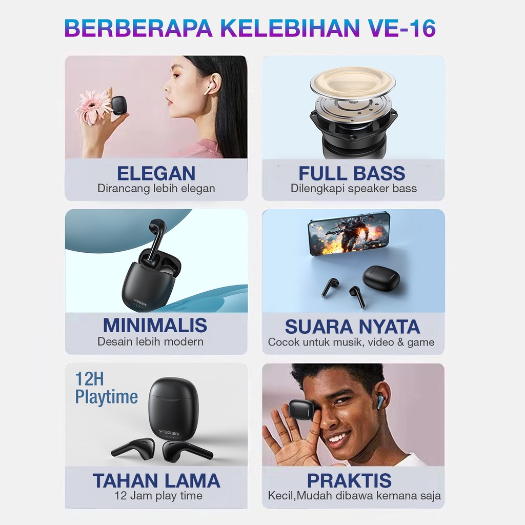 VEGER Headset Earphone VE-16 Blueatooth 5.0 True Wireless Stereo TWS Earbuds-3