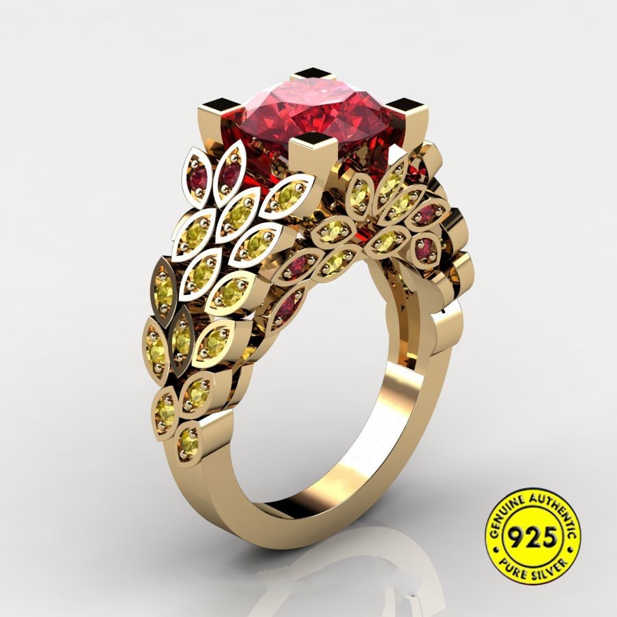 Cincin Berlian Ruby Micro-Inlaid Lapis Emas 18k Bahan S925 Silver