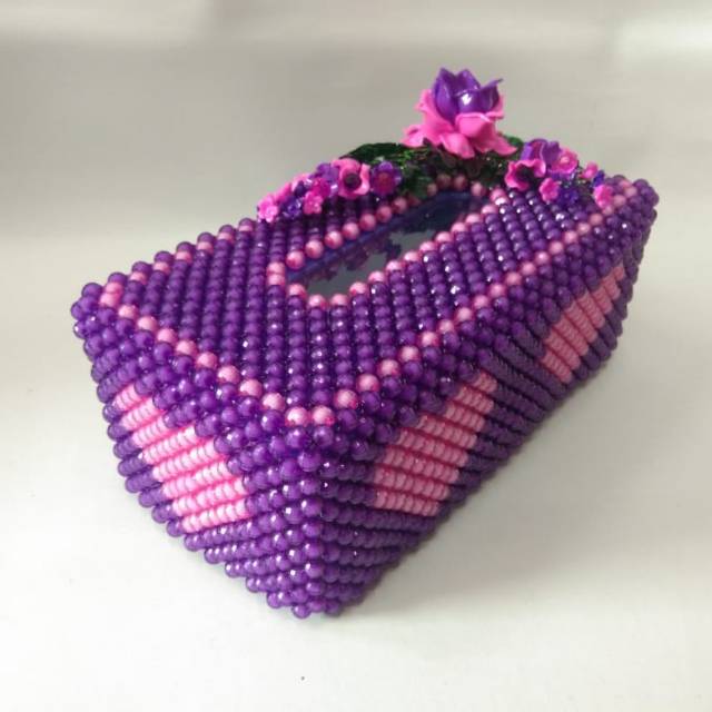Tempat kotak tissue Love ungu Pink mote manik manik