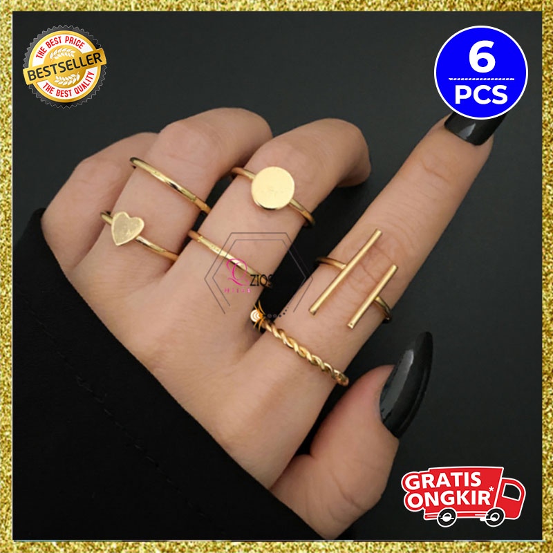 Cincin Titanium Wanita Korea Emas Imitasi 6 Pcs / Set Aksesoris Jari Perempuan Bahan Alloy anti karat CNC8