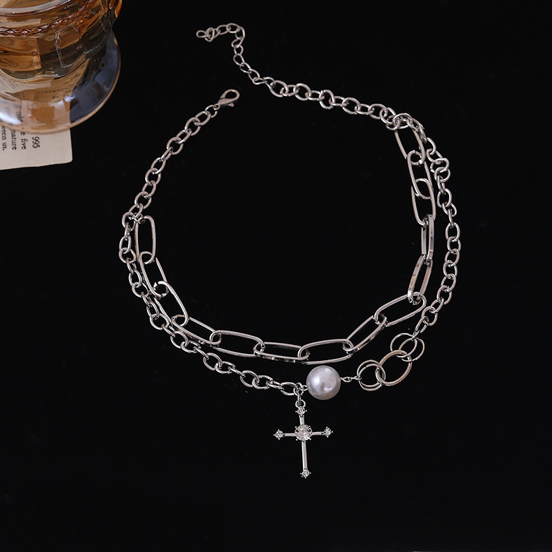 Korean Punk Double Necklace Fashion Hip-hop Pearl Cross Pendant Unisex