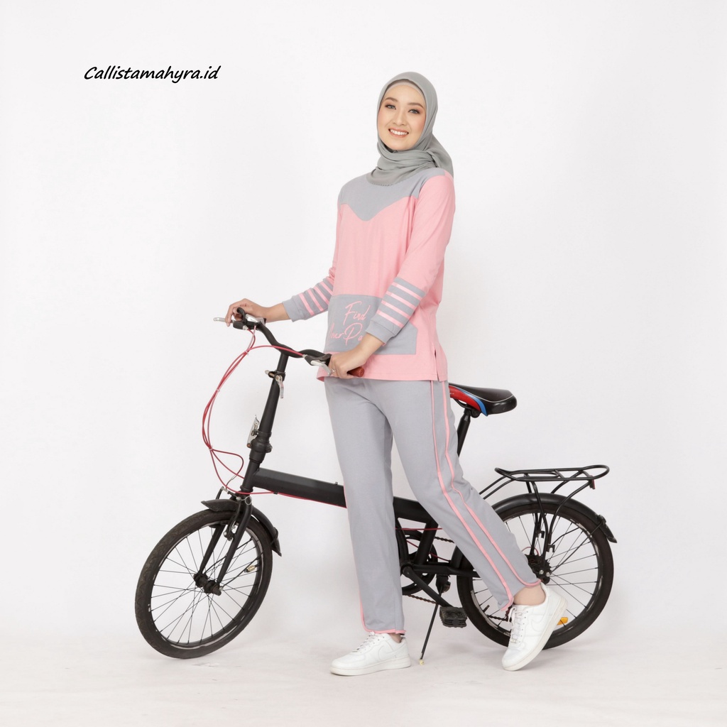 Setelan Olahraga Wanita - Baju Olahraga Wanita Muslim - Setelan Senam Sepeda Gowes Wanita PEACH-ABU-2