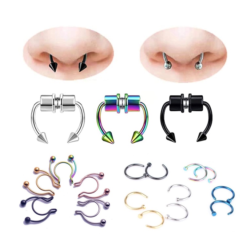 1PCS Tindik Cincin Hidung Palsu Mode Baja Tahan Karat Septum Magnetik U Bahan Cincin Tindik Hidung Non Piercing Nose Ring Unisex