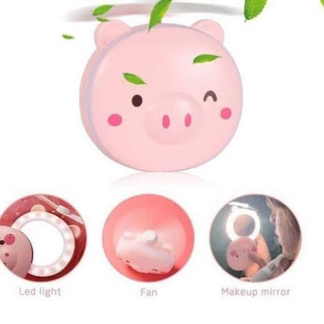 MurmerOfficial R191  Kipas Cermin Makeup LED 3in1 Karakter Mini Fan Led Mirror USB Charger Cermin Make Up Portable