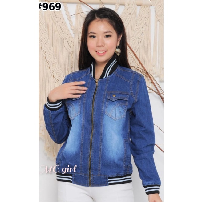 MC girl - Jaket Jeans Bomber Premium Wanita / Jacket Lepis Baseball Cewek / Jaket Denim pinggang Karet / Outer Jins Kerah Karet