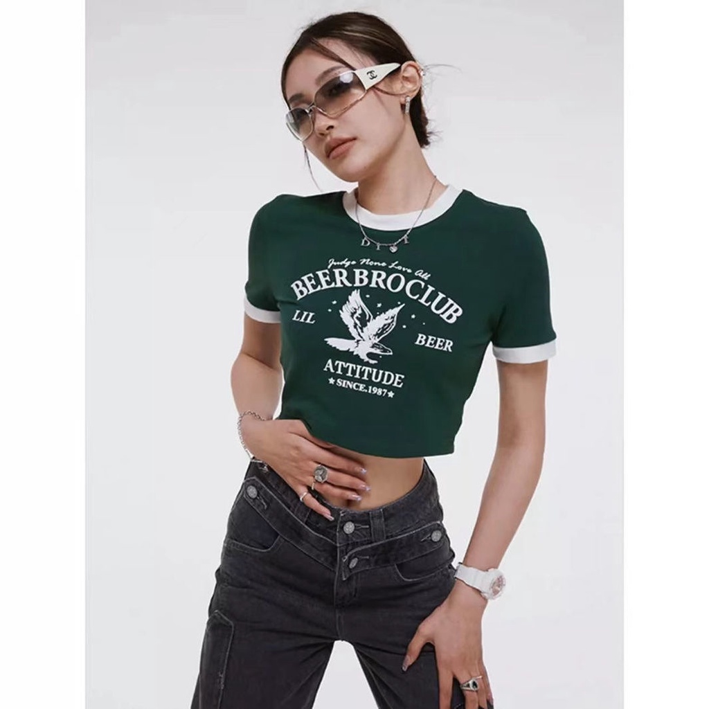 BeerBro American retro ketat warna kontras manset kerah lengan pendek T-shirt hot girl cropped pusar