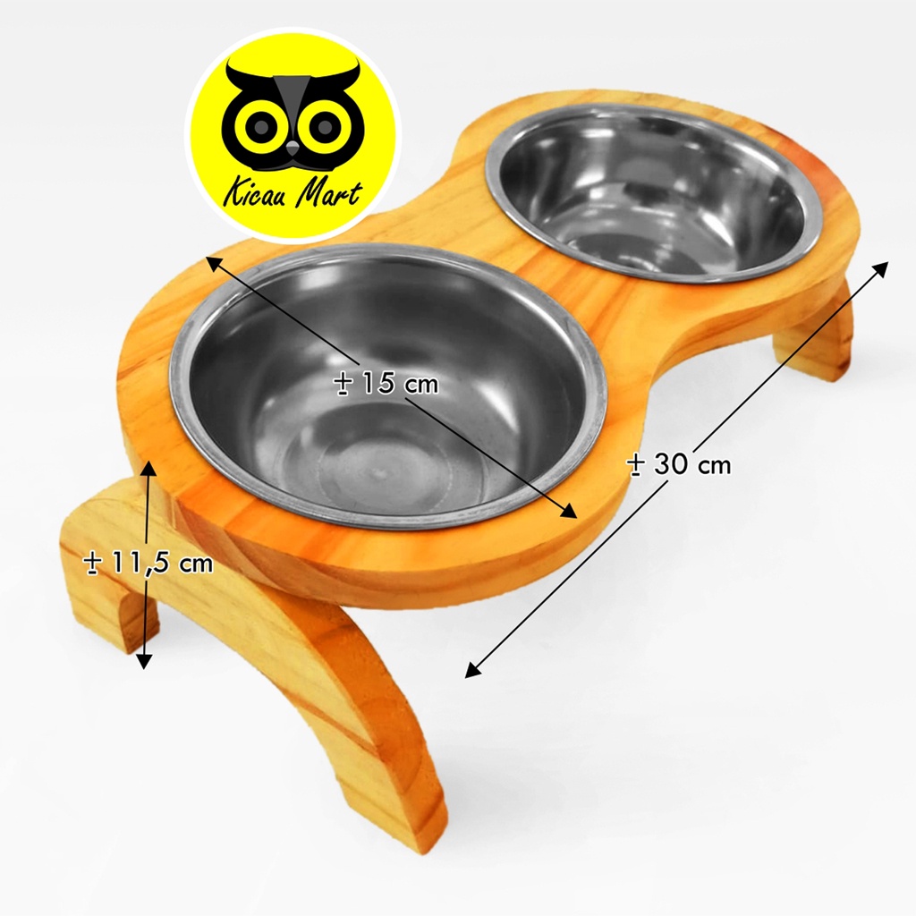 Tempat Makan Kucing Anjing Double Pet Bowl Rak Kayu Double Mangkok Wadah Pakan Minum Anabul Wood Stand Pet Dining Table Double Bowl Neck Protection Stainless Cat Puppy Food Bowl