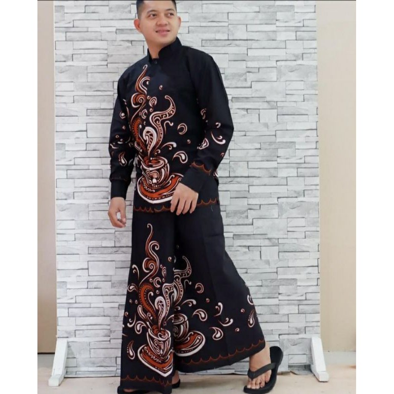 Batik Solo Halus Sarung Setelan Baju Koko Kopi Hitam