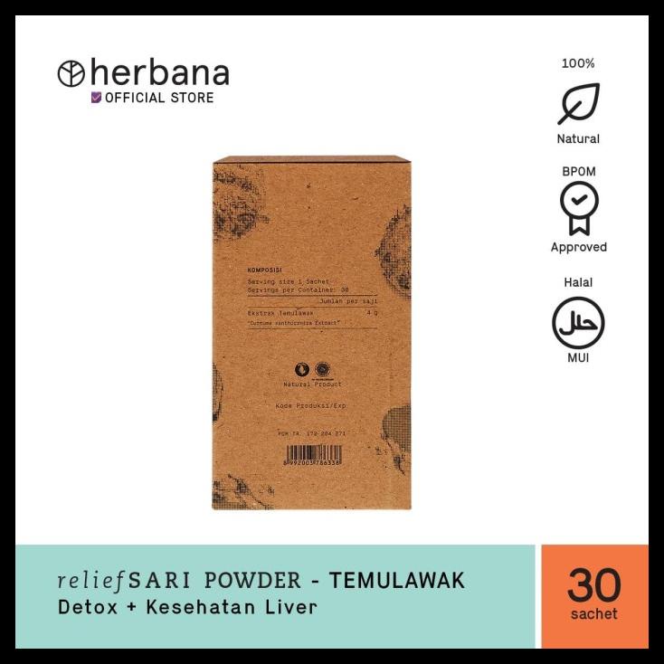 

DISKON TERBATAS !!! HERBANA RELIEF SARI POWDER TEMULAWAK - ISI 30 SACHET @4G TERLARIS