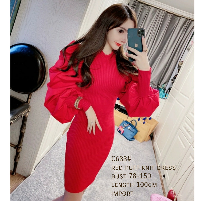Dress C688 3M THREE M TM BASIC PUFF KNIT DRES Baju Fashion Impor TERJANGKAU MURAH GROSIR Import
