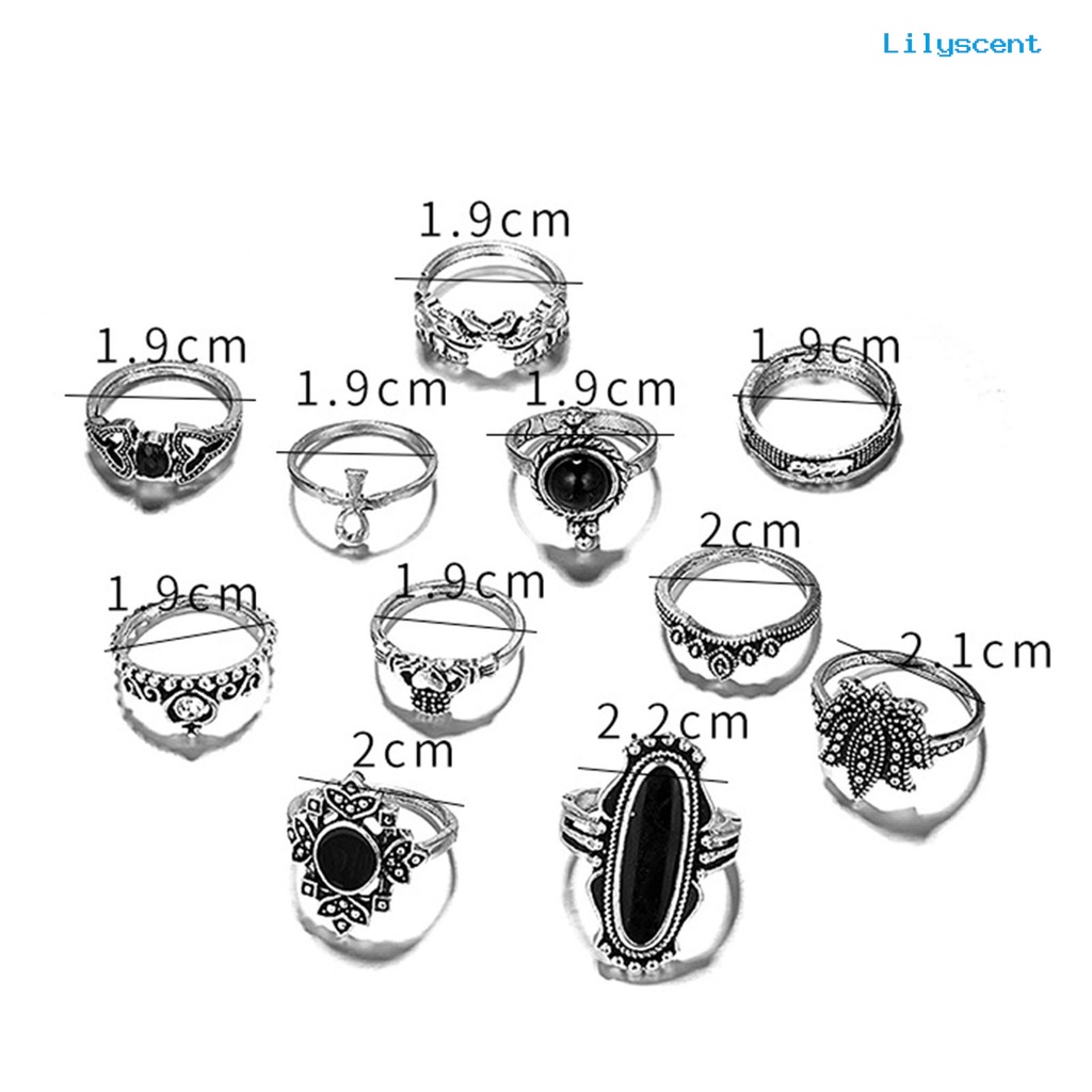 11pcs / set Cincin Knuckle Bentuk Hati Bahan Alloy Aksen Permata Imitasi Warna Hitam Gaya Bohemia