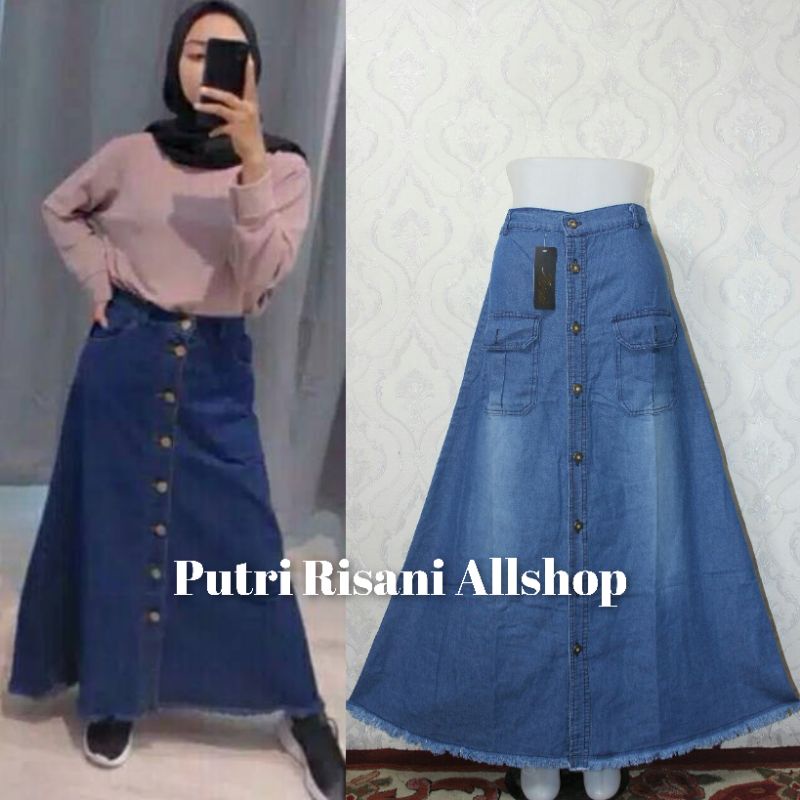 Rok Panjang Wanita - Rok Model A Cargo Kancing Dan Rok Motip Tempel - Soft Jeans BB ± 40-60 Kg-5