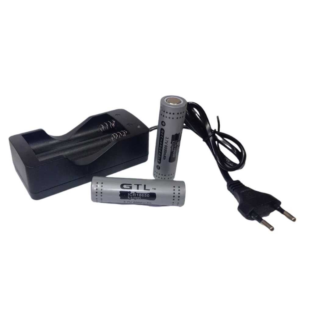 Paket Casan 2 Slot + 2 PCS Baterai Li-ion GTL ICR 18650 6000mAh 3.7V Warna Abu-abu
