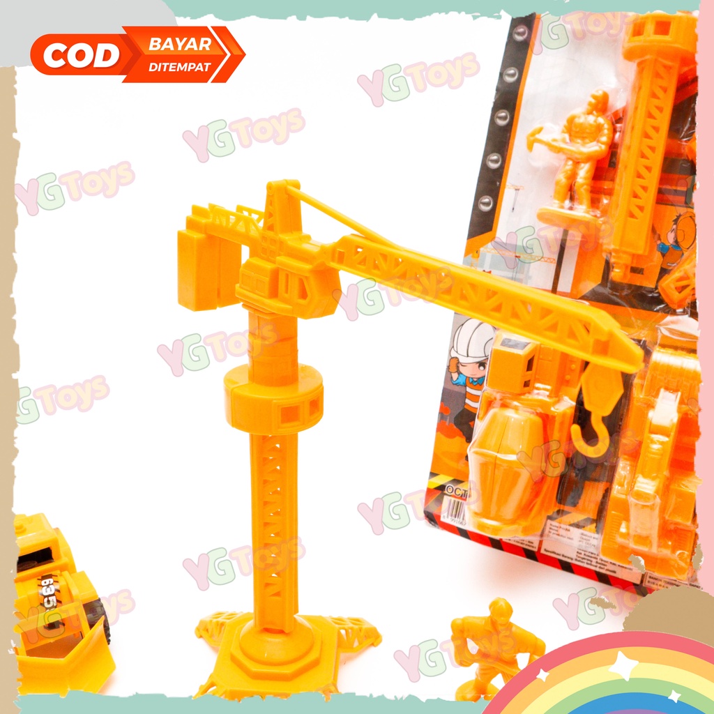 YGtoys Mainan Mobil Mobilan Konstruksi Tower Crane Set dan Orang Construction Worker Contruction Excavator Beko Bulldozer Crane