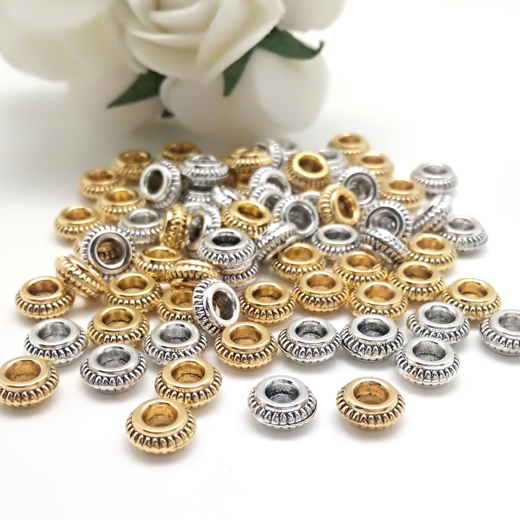 50 / 30pcs Manik-Manik Bulat Datar Bahan Zinc Alloy Logam Ukuran 7x3 / 8x6mm Untuk Membuat Perhiasan Gelang Kalung