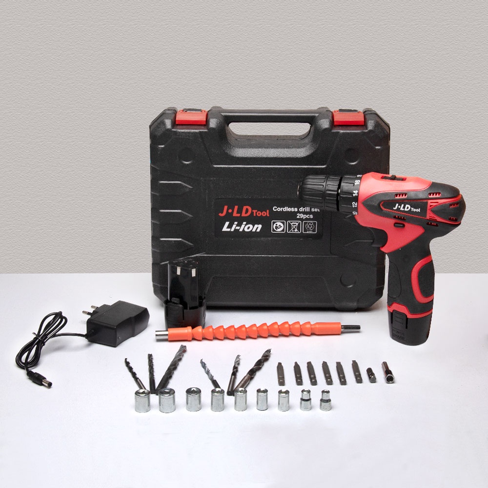 JLD 12V mesin bor baterai 10mm bor cas 2 baterai bor batre set bor cordless include mata koper kayu/screw/beton/wall bisa COD