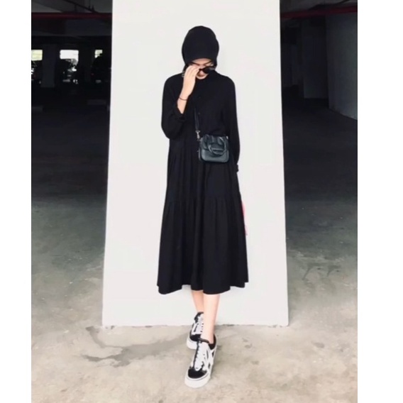 HD16:LIDIYA MIDI BLACK DRESS Fashion Muslim Casual Remaja HITS milenial Kekinian