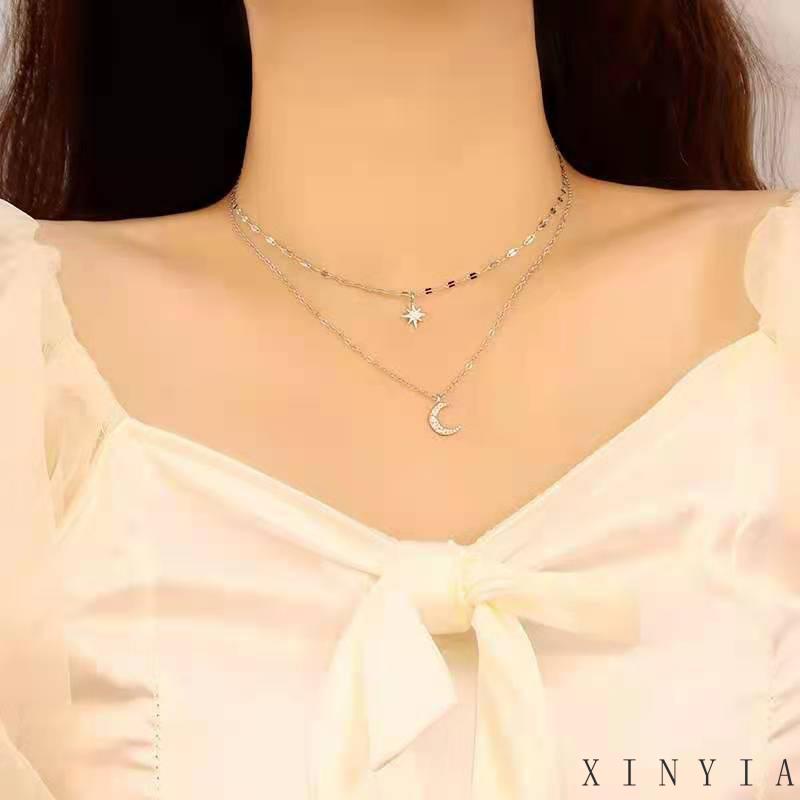 Kalung Rantai Double Layer Bentuk Bulan Bintang Untuk Wanita