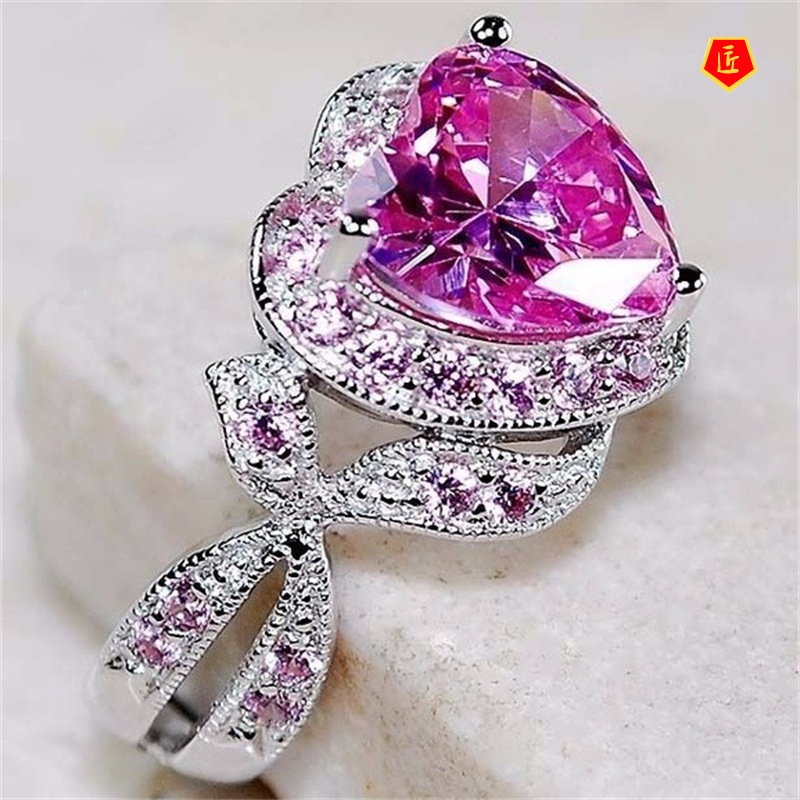 [Ready Stock]3 Karat Heart-Shaped Pink Diamond Female Ring Fashion