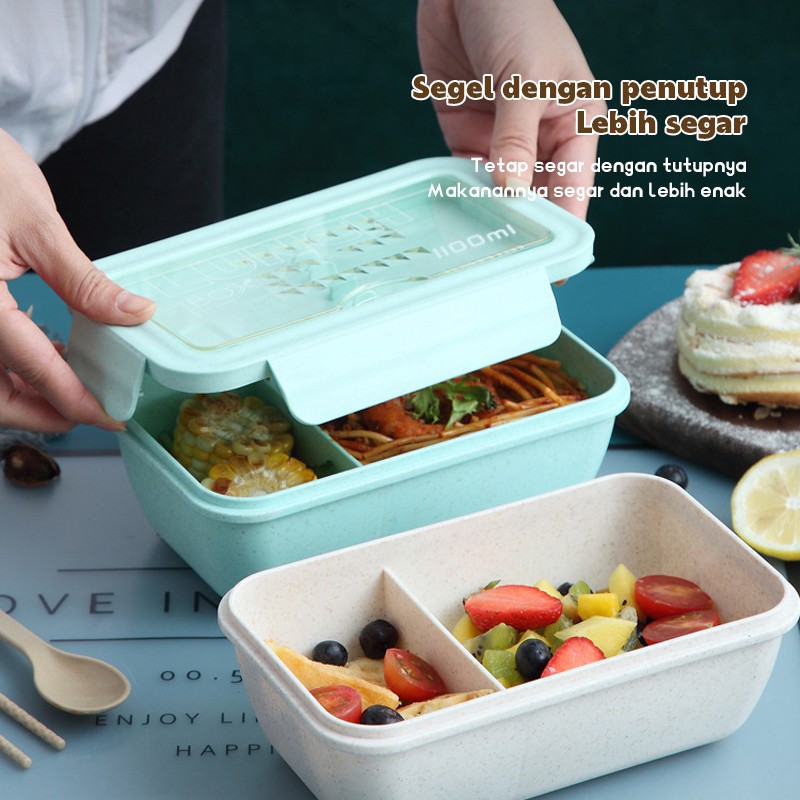 LCX Lunch Box Set Kotak Bekal Makan Jerami Gandum kotak makan ​4 In 1 Free Sendok Tempat Makan