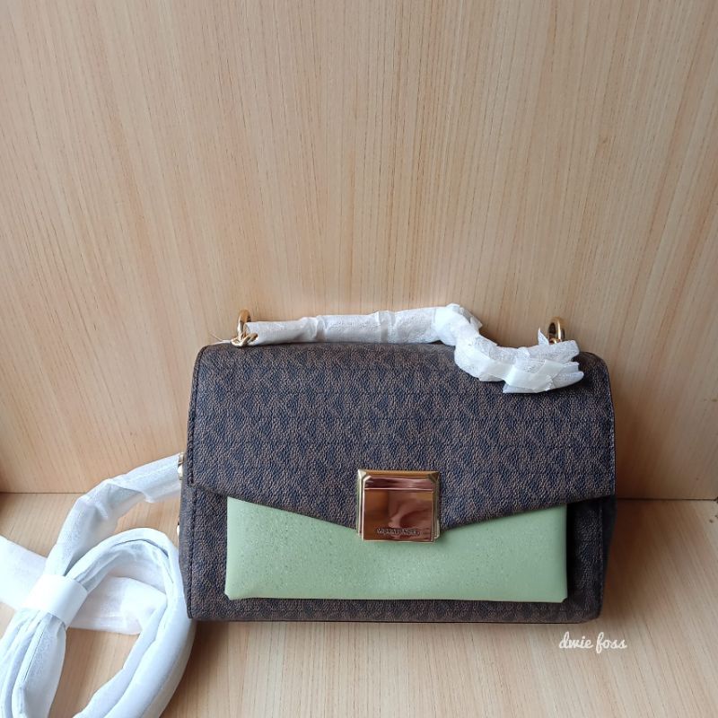Tas Michael Kors Lita Medium Shoulder Bag Signature Brown Light Sage Original