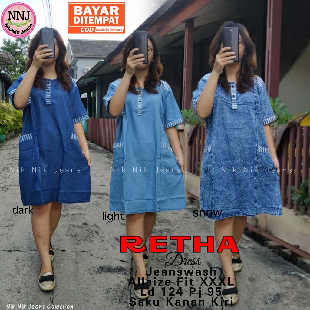 Dress Jeans Jumbo LD 120 Mini Dress Wanita Busui Salur Retha Dress Casual Lengan Pendek Simple