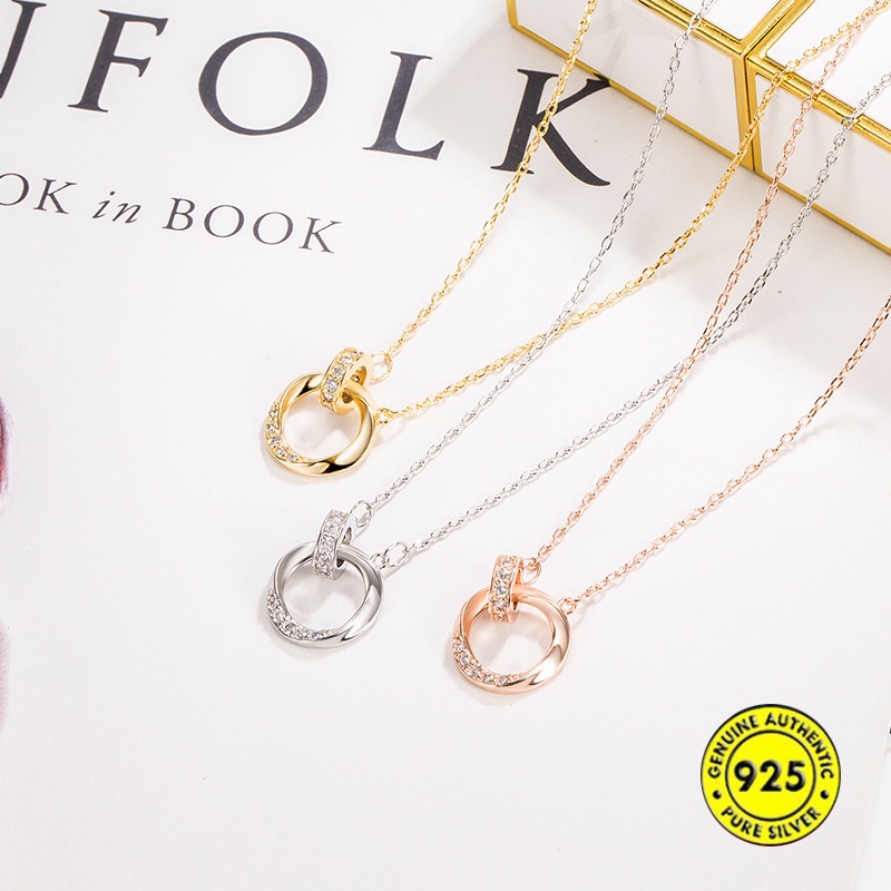 Kalung Rantai Sterling Silver 925 Dengan Liontin Cincin Ganda Untuk Pasangan / Pria / Wanita