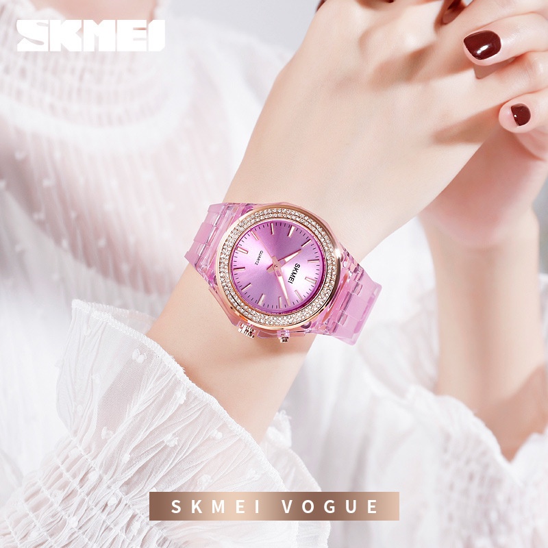 Amazon Eropa dan Amerika Wanita Berjaga-jaga Watch Skmei Led Berwarna Lampu Transparan Rhinestone Be