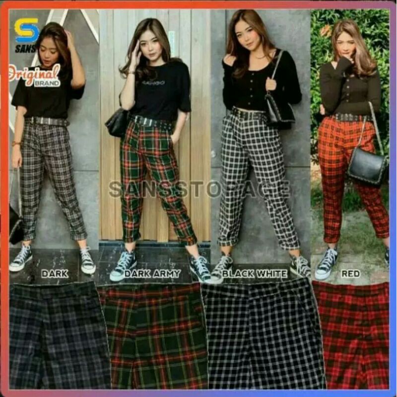 celana panjang wanita/celana zara motif kotak/celana skuba kotak kotak