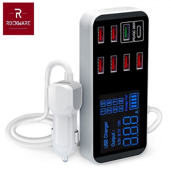 17 ROCKWARE WLX-A9S PLUS - Charger Mobil 40W 8 USB - Support PD dan QC