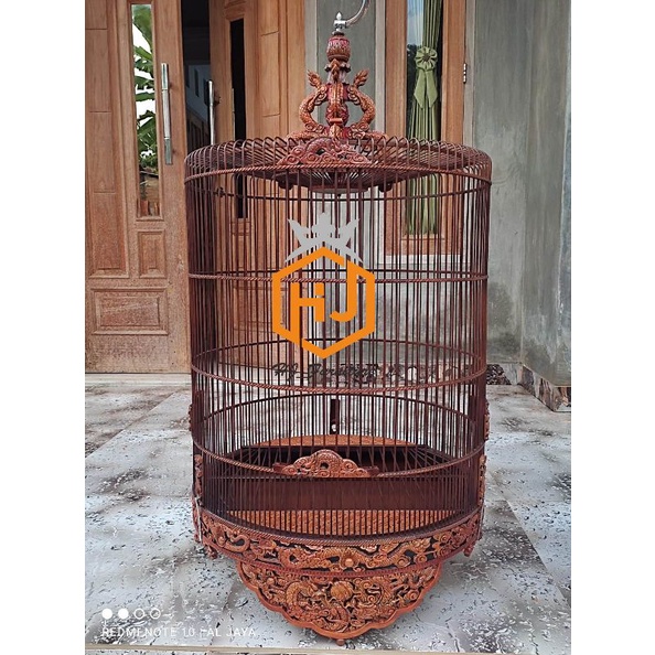 SANGKAR KANDANG BURUNG MURAI BATU MOTIF UKIRAN 9 NAGA LIONG KAYU JATI