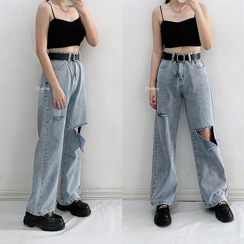 CLOTHIER - Jennie Ripped Baggy Jeans | Unisex Light Blue Baggy Straight Denim